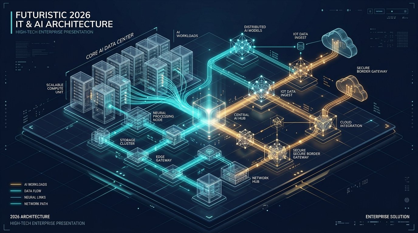 Futuristic 2026 IT and AI architecture visualization showing core AI data center, scalable compute, neural processing nodes, and cloud integration.