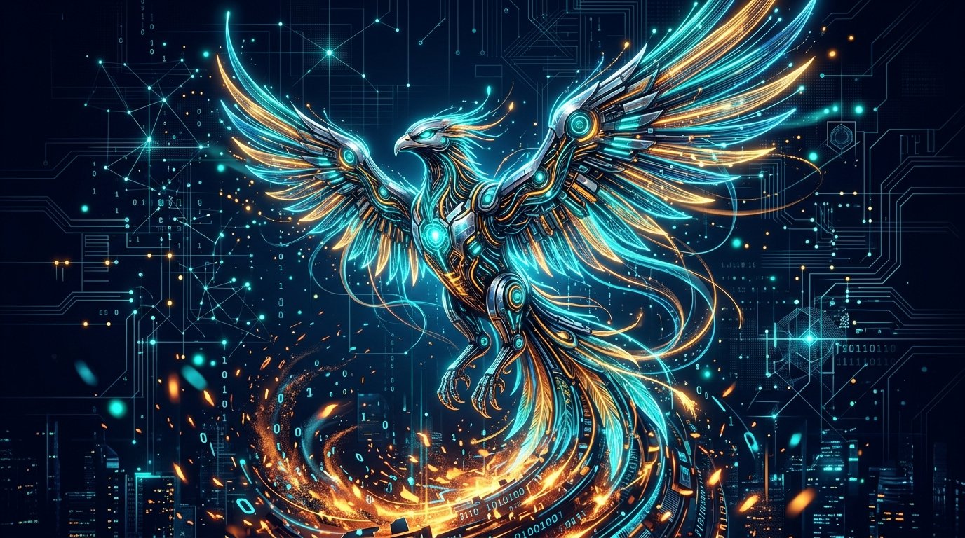 AspIr² Cybernetic Phoenix soaring with electric cyan circuitry and radiant amber embers, symbolizing the 2026 rebirth for the AI age.